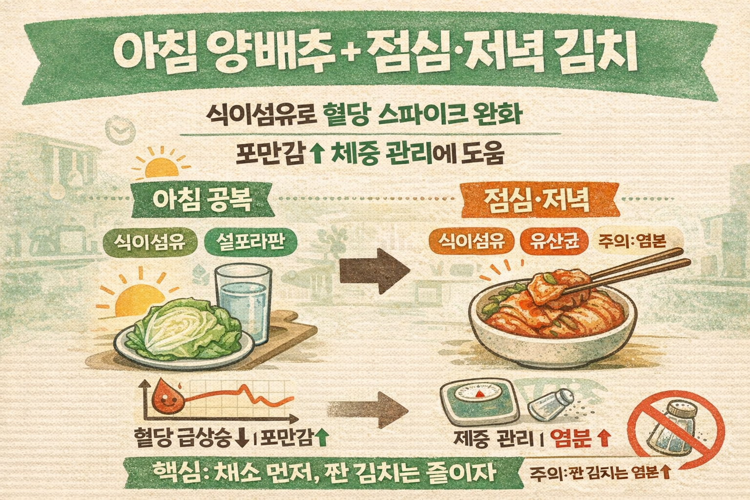 아침 공복 양배추 + 점심·저녁 김치, 혈당 스파이크·체중에 생기는 변화 3가지(나트륨 주의)