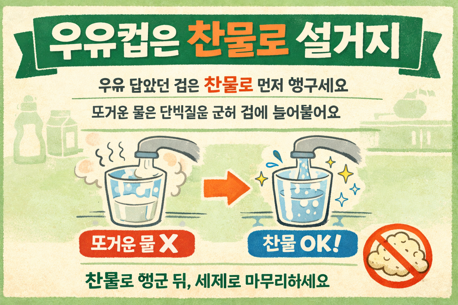 우유 마신 컵 설거지, 뜨거운 물 금지! 찬물로 먼저 헹구면 눌어붙지 않는 이유