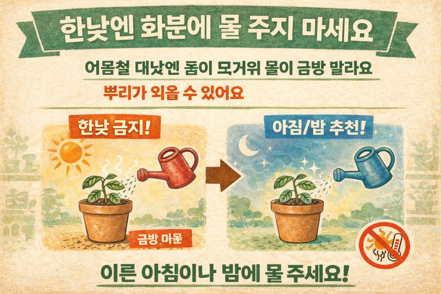 여름 한낮 화분 물주기 금지! 뿌리 익는 이유와 최적 시간(아침·밤) 물주기 꿀팁