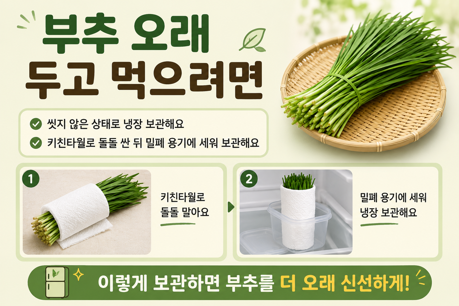부추 오래 보관하는 법, 씻지 말고 키친타월에 싸서 세워두세요