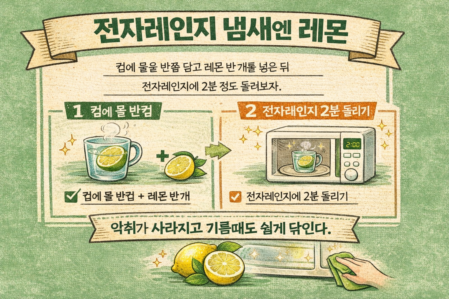 전자레인지 냄새엔 레몬, 2분 돌리면 악취와 기름때가 쉽게 사라집니다