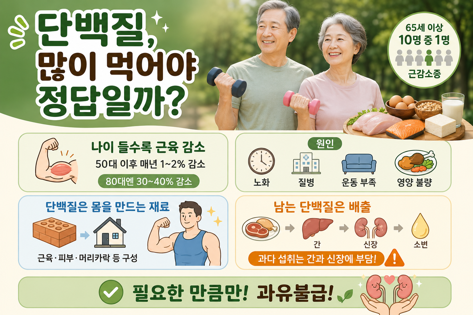 노년 단백질 많이 먹으면 근육 붙을까? 근감소증 적정 섭취량과 신장 위험