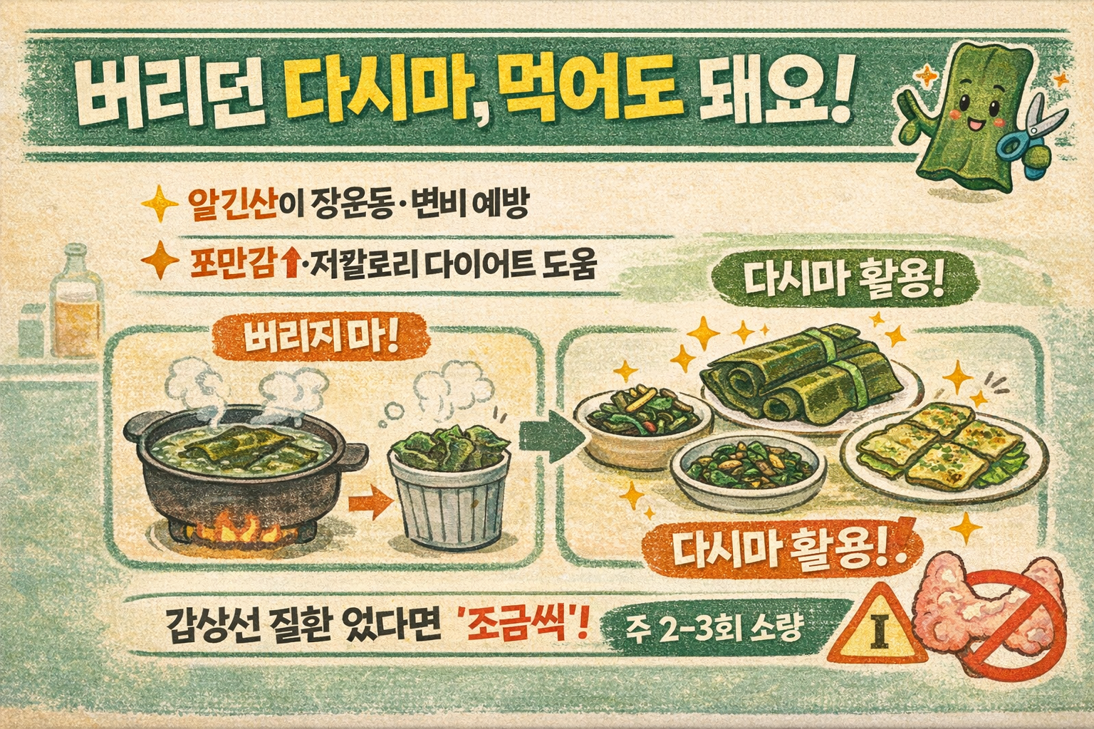 육수만 내고 버린 다시마, 장 청소·다이어트에 도움? 다시마 효능과 요오드(갑상선) 주의사항