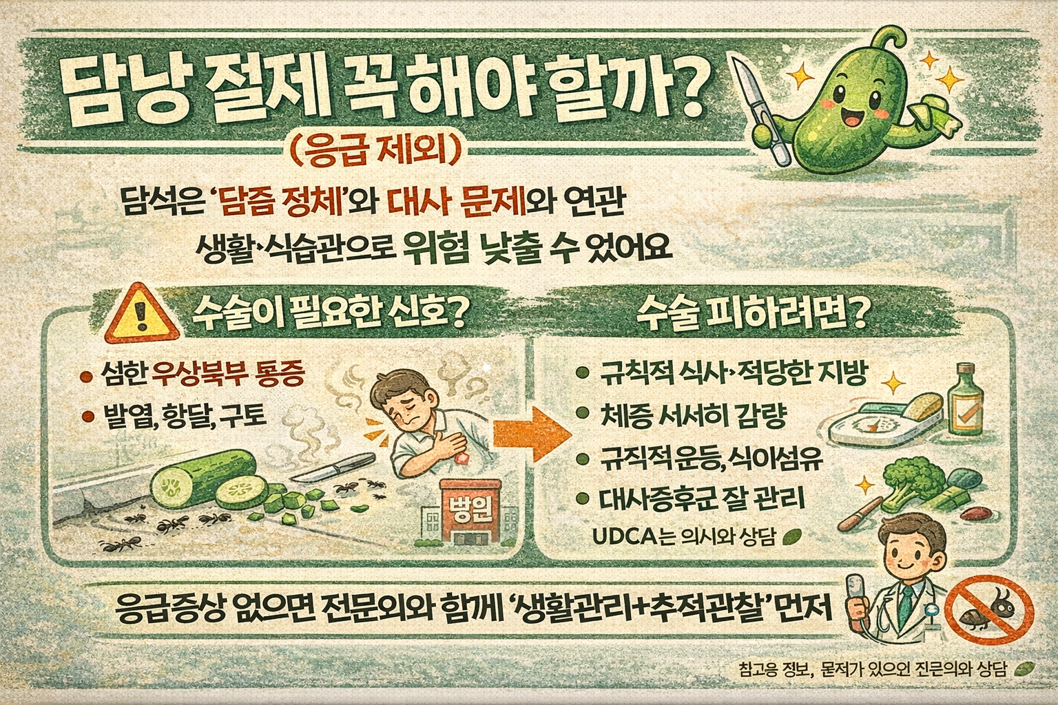 담낭 절제 꼭 해야 할까? 담석 원인(담즙·인슐린저항성)과 예방법: 식단·간헐적 단식·스트레스 관리