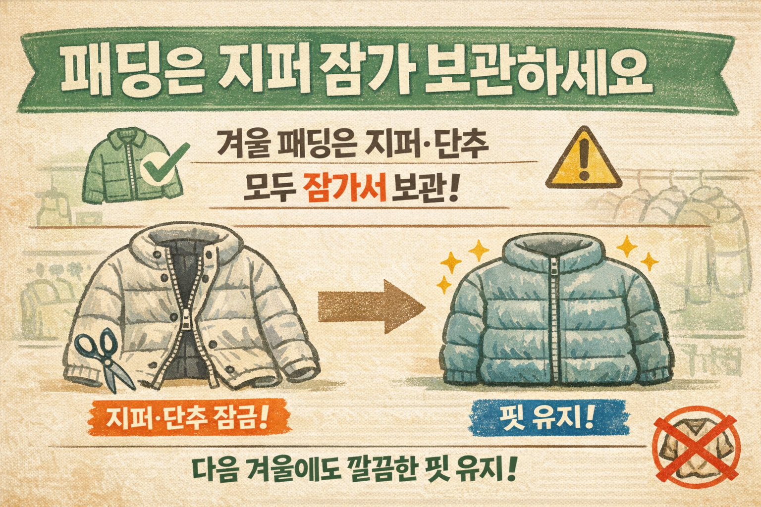 패딩 보관법: 지퍼·단추 꼭 잠그면 다음 겨울에도 핏 그대로