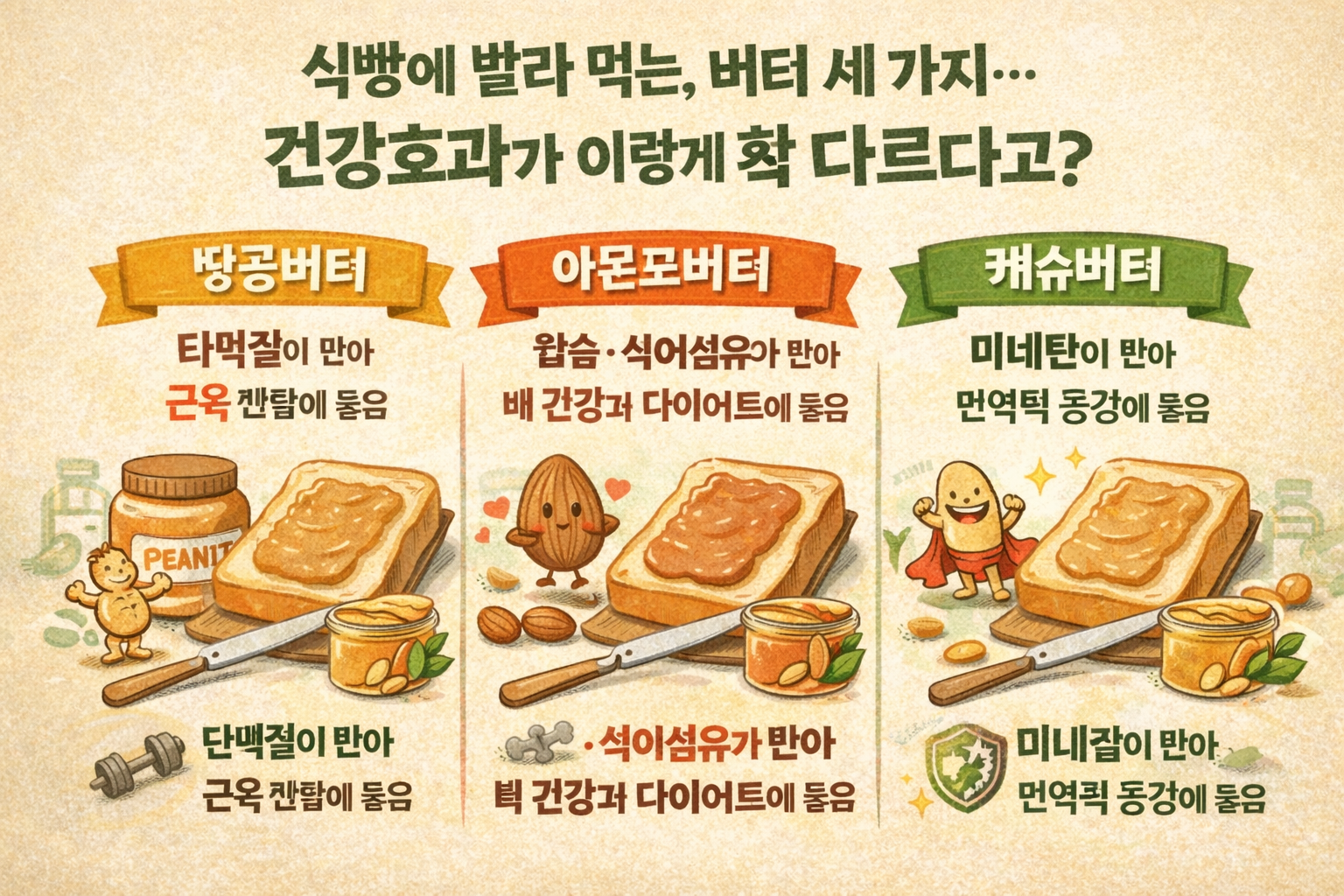 땅콩버터·아몬드버터·캐슈버터, 뭐가 더 건강할까? 견과류 버터 영양 차이 총정리