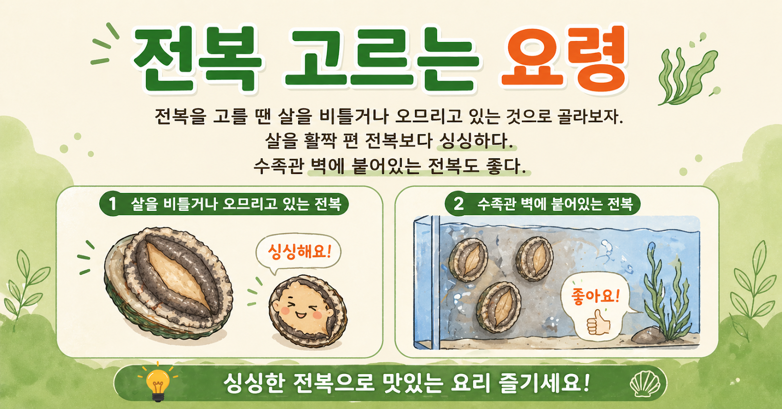 전복 고르는 요령, 살 오므리고 벽에 붙은 전복이 더 싱싱합니다