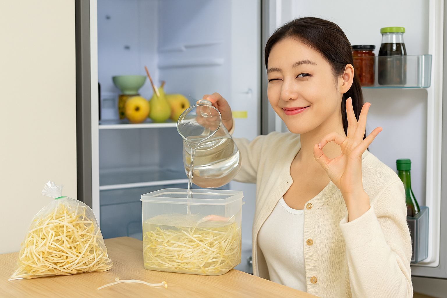 남은 콩나물 신선하게 오래 보관하는 법: 물 채운 밀폐용기 냉장 팁