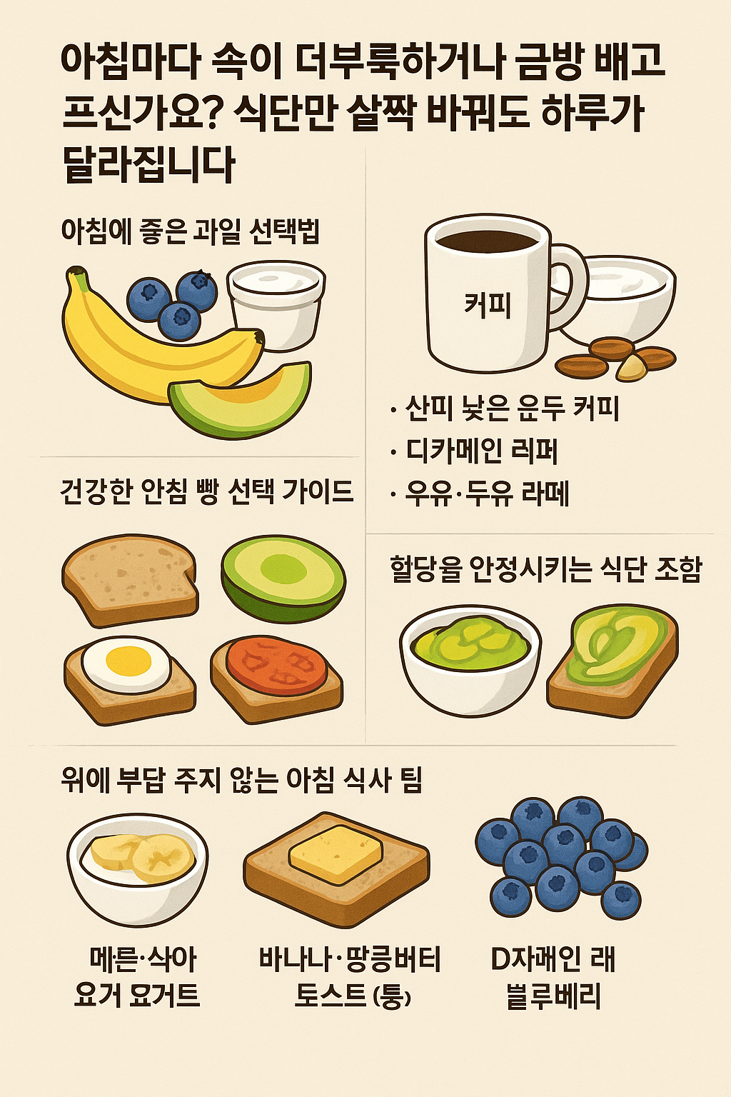 속 편한 아침 식사법: 과일, 커피, 빵 선택과 건강한 식단 팁