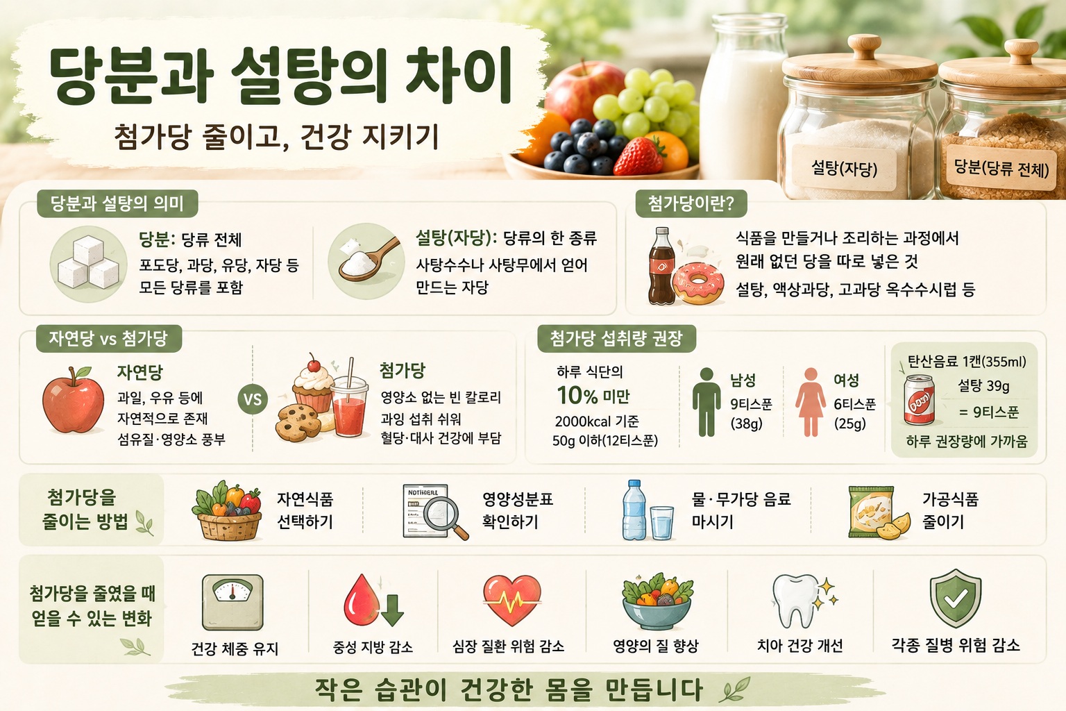 첨가당 줄이기, 자연당과 차이부터 하루 섭취량·몸의 변화까지