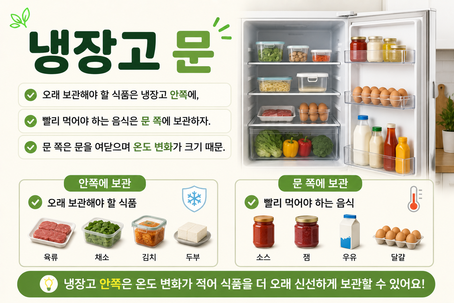냉장고 문에 넣으면 빨리 상할까? 식품 보관 위치 정리