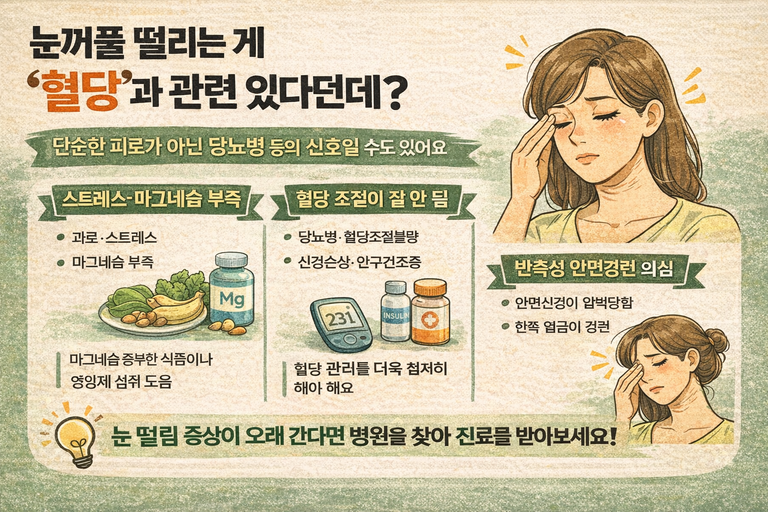 눈꺼풀 떨림, 혈당 때문일까? 당뇨·마그네슘 부족 신호 총정리