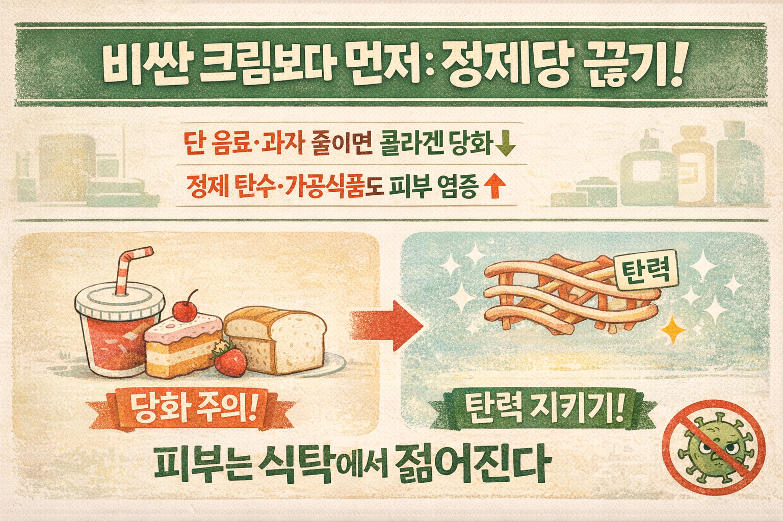 비싼 크림 발라도 소용없다? 피부 늙게 하는 음식 3가지(정제당·정제탄수화물·가공육/튀김)부터 끊자