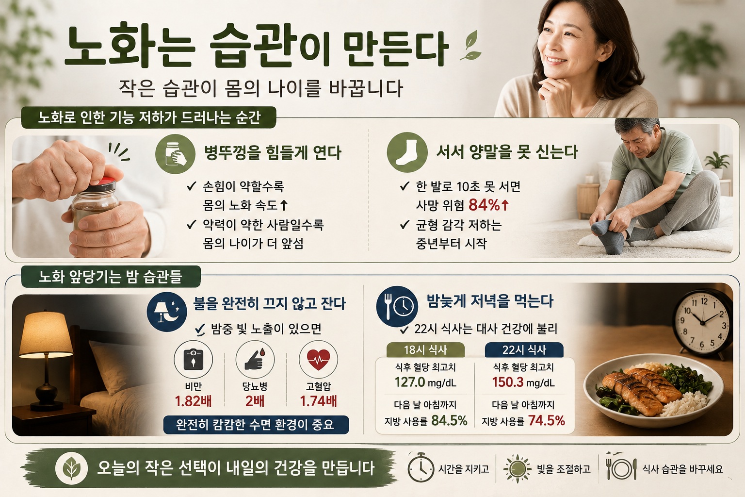 가속노화 신호, 병뚜껑 못 열고 서서 양말 못 신는다면 밤 습관도 점검