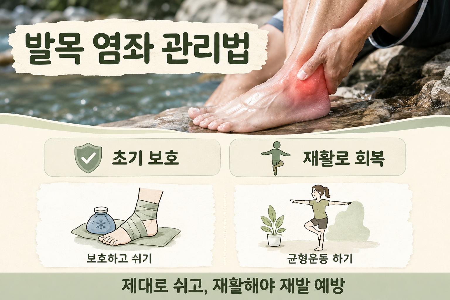 물놀이 중 발목을 접질린 뒤 붓고 아픈 발목을 손으로 감싸고 상태를 확인하는 모습
