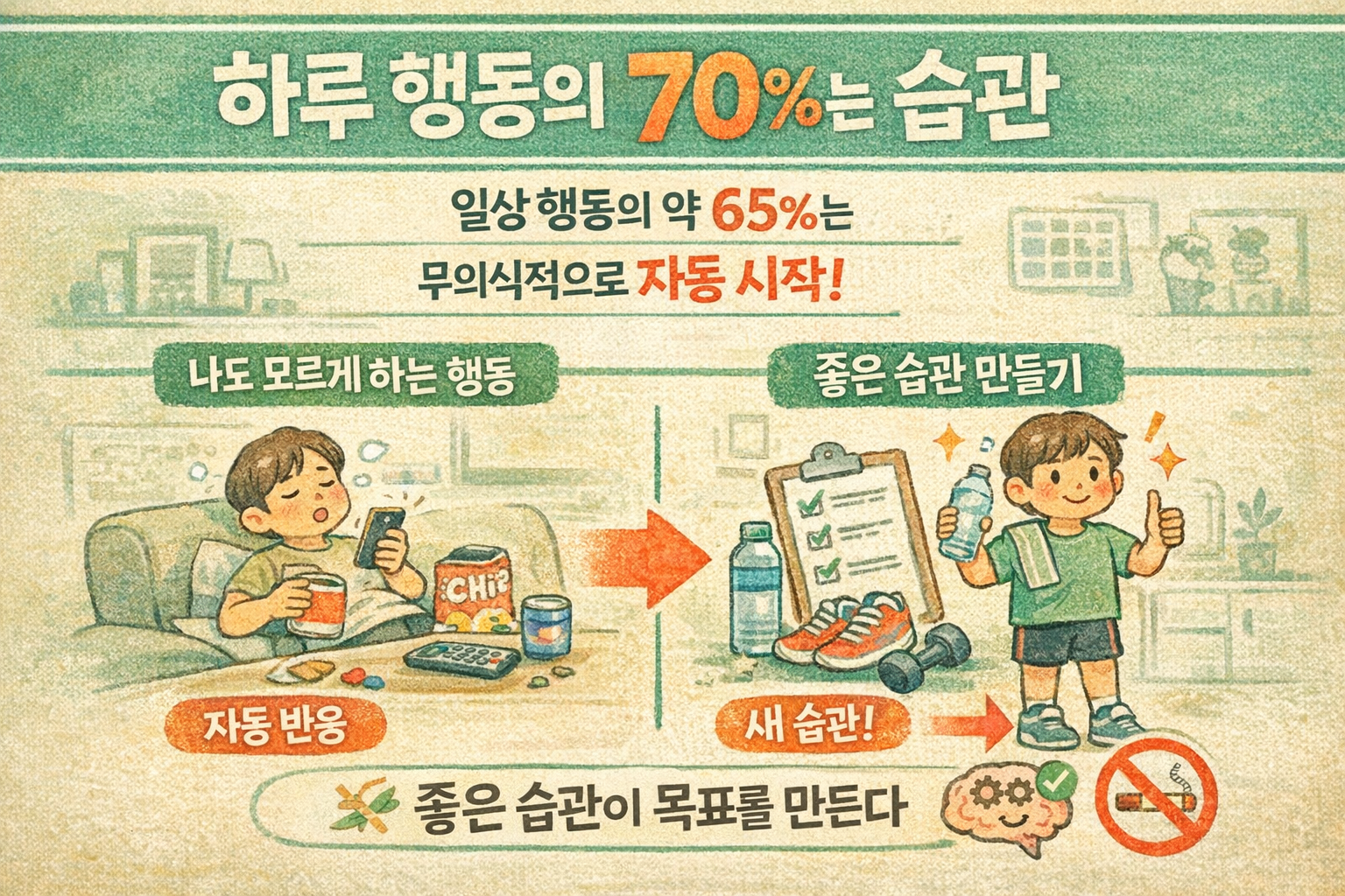 하루 행동 70%는 습관! 목표 달성하는 좋은 습관 만들기: 트리거 차단·대체 습관·운동 습관화