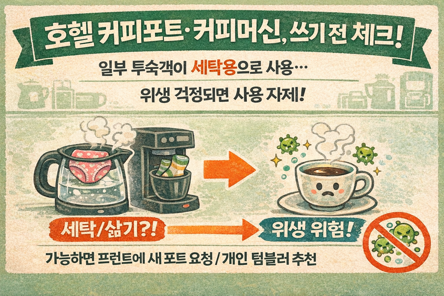 “호텔 커피는 패스” 해야 하는 이유: 커피포트·커피머신 위생 문제와 확인 체크리스트