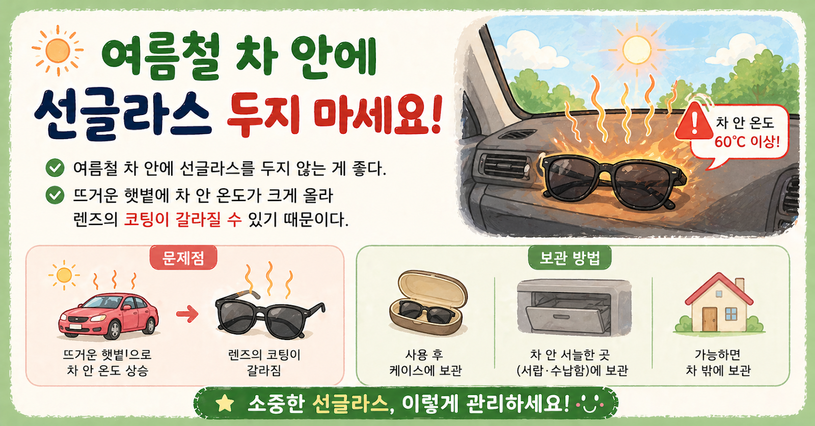 여름철 차 안에 선글라스 두지 마세요, 렌즈 코팅 갈라지는 이유