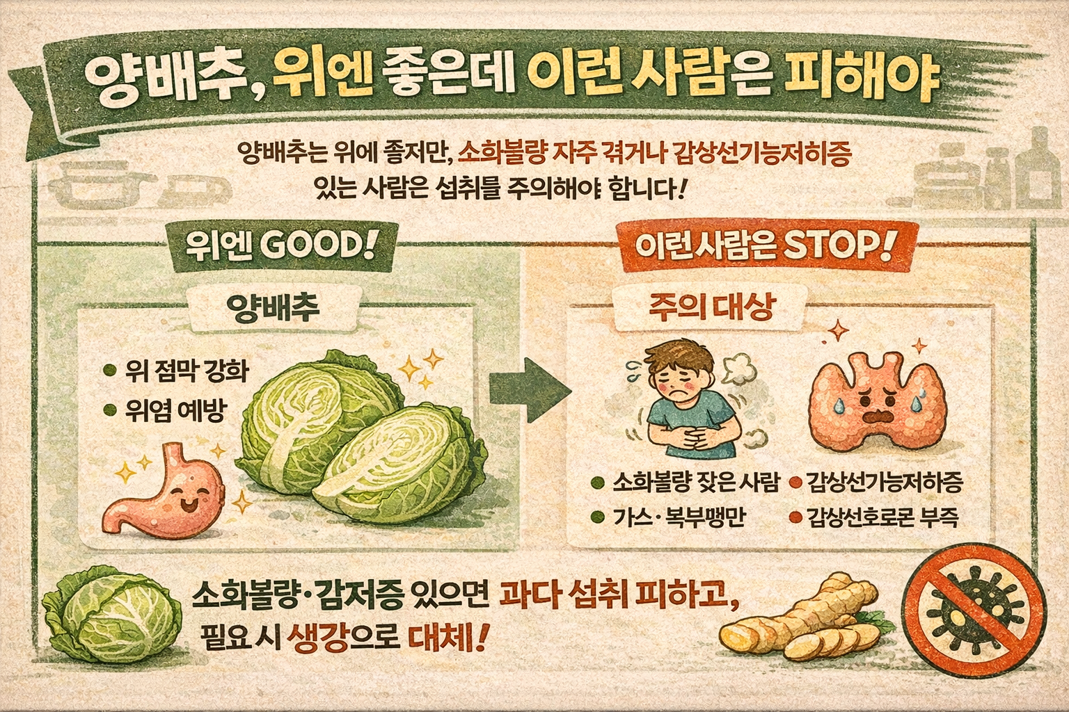 위에 좋은 양배추, ‘소화불량·갑상선기능저하증’ 있으면 피해야… 더부룩함 악화 이유와 대안(생강)