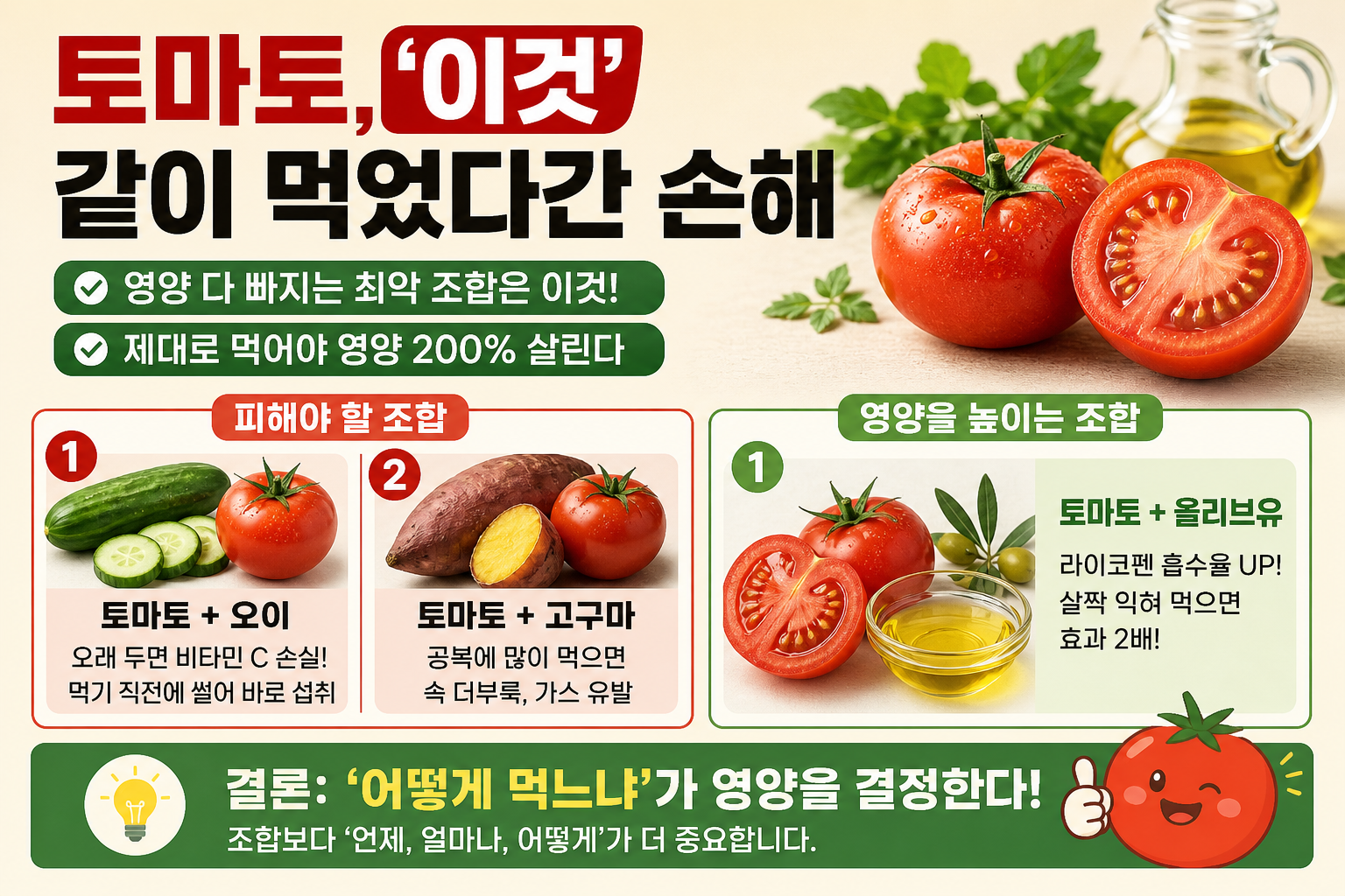토마토, 오이랑 같이 먹었다간 손해…영양 다 빠지는 최악 조합과 제대로 먹는 법