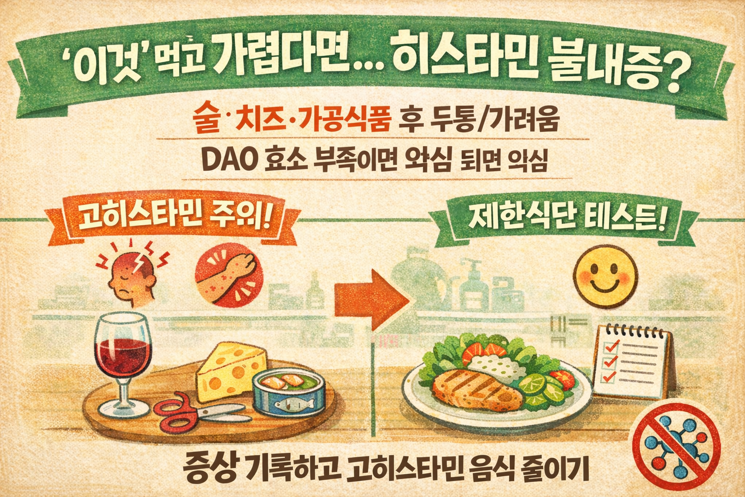 술·치즈 먹고 두통·가려움 반복된다면? 히스타민 불내증(DAO 부족) 증상과 피해야 할 음식
