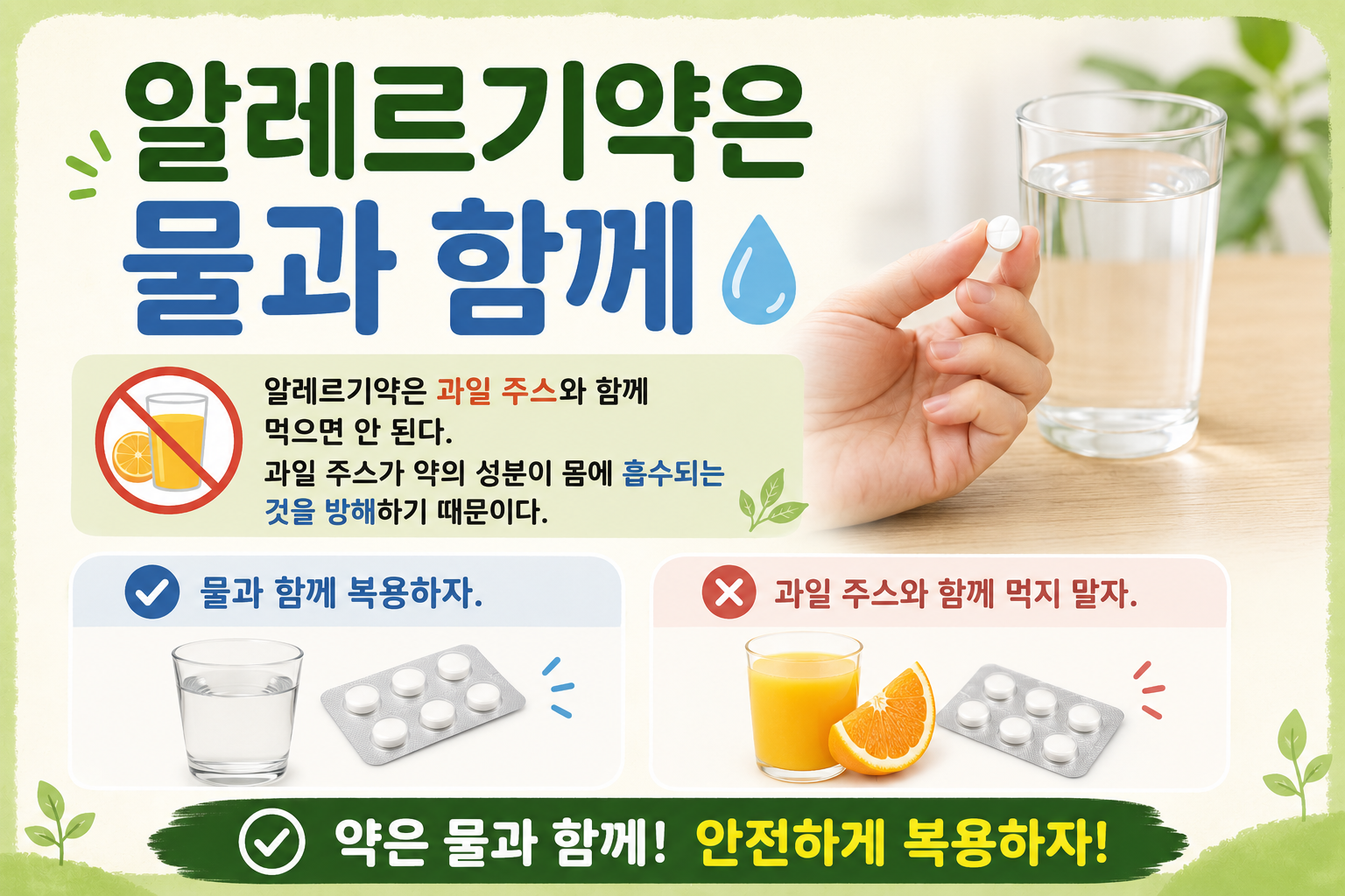 알레르기약은 물과 함께 드세요, 과일주스가 약효 떨어뜨릴 수 있습니다