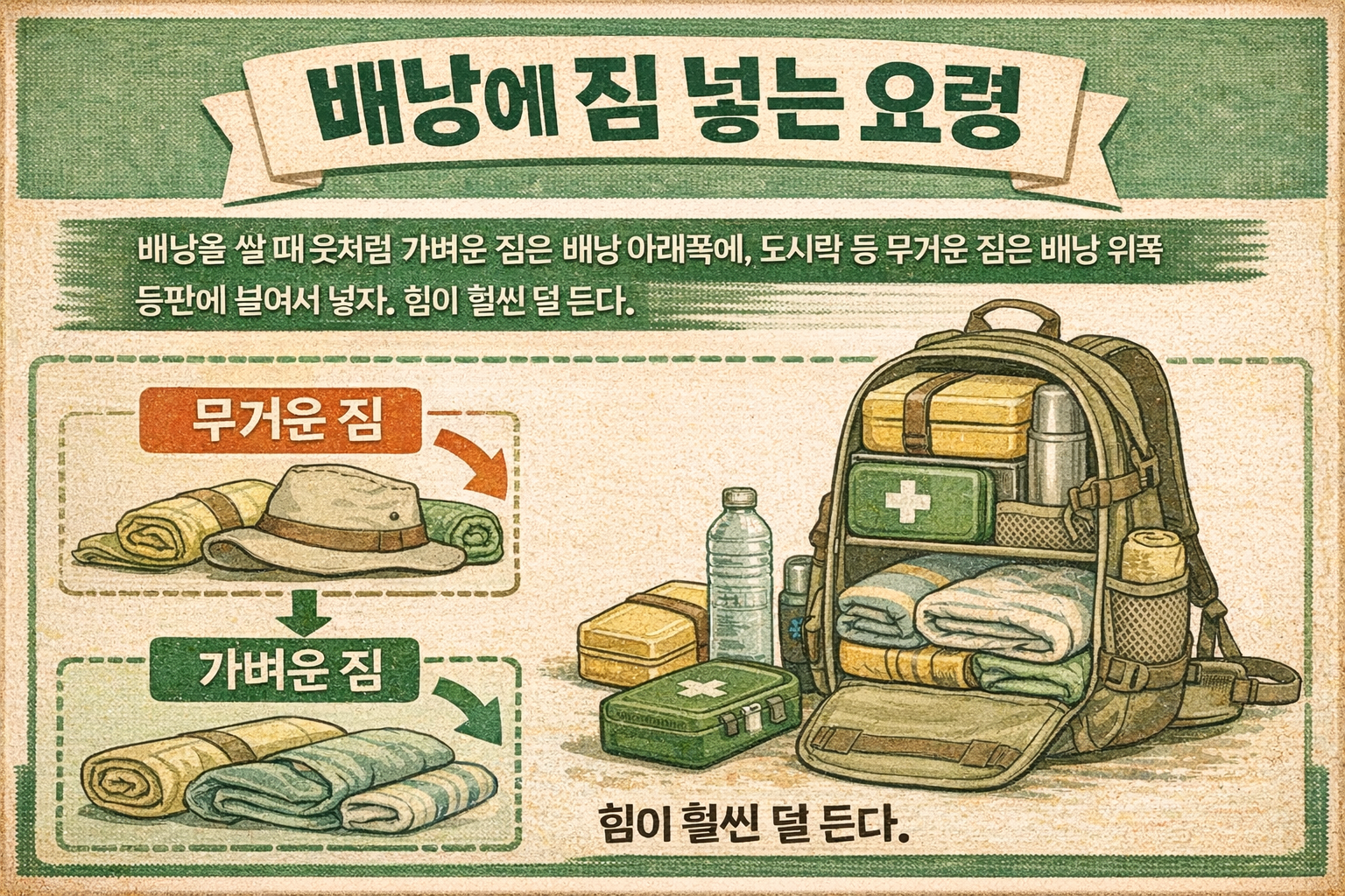 배낭 짐 넣는 요령, 가벼운 짐은 아래로 무거운 짐은 위쪽 등판에 넣어야 덜 힘들다