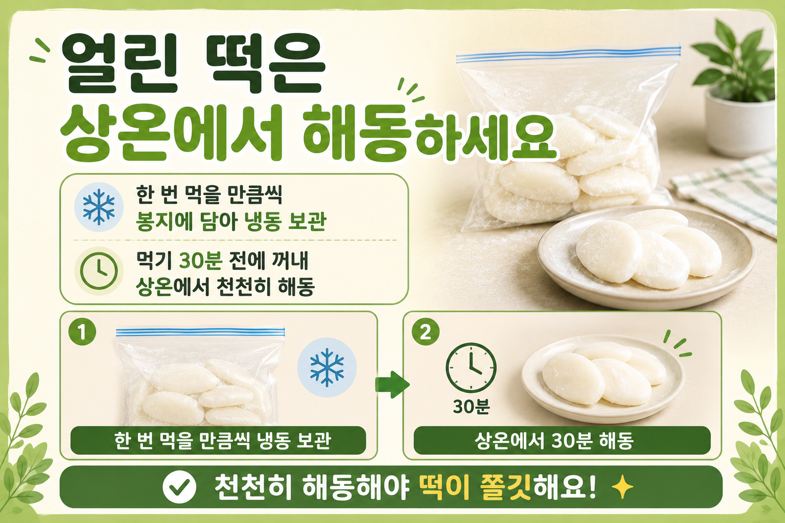 얼린 떡 맛있게 먹는 법, 먹기 30분 전 상온 해동이 정답