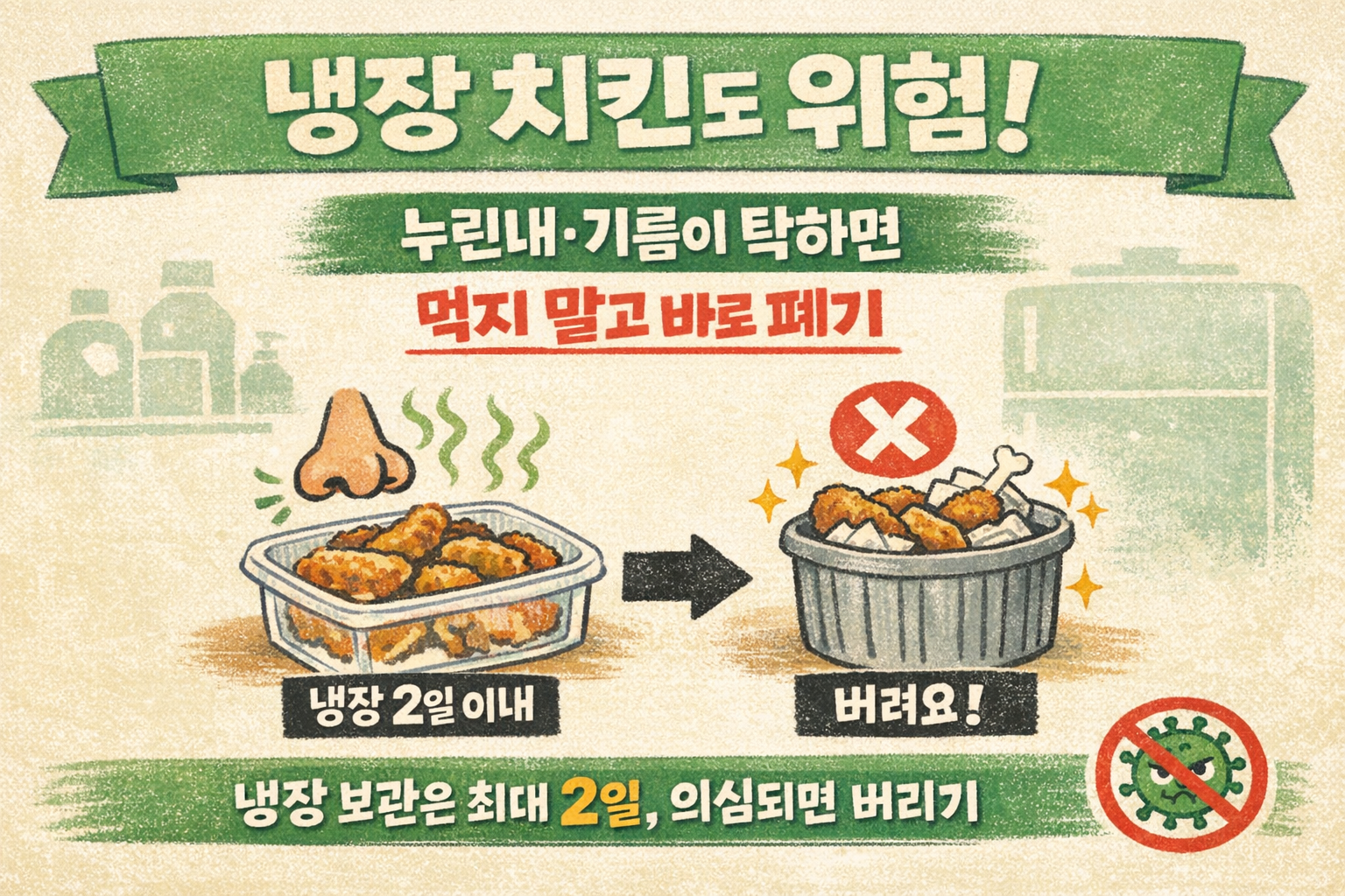 냉장보관 치킨도 안심 금물! 2일 넘고 ‘누린내·기름 탁함’ 나면 바로 버리세요(식중독 주의)