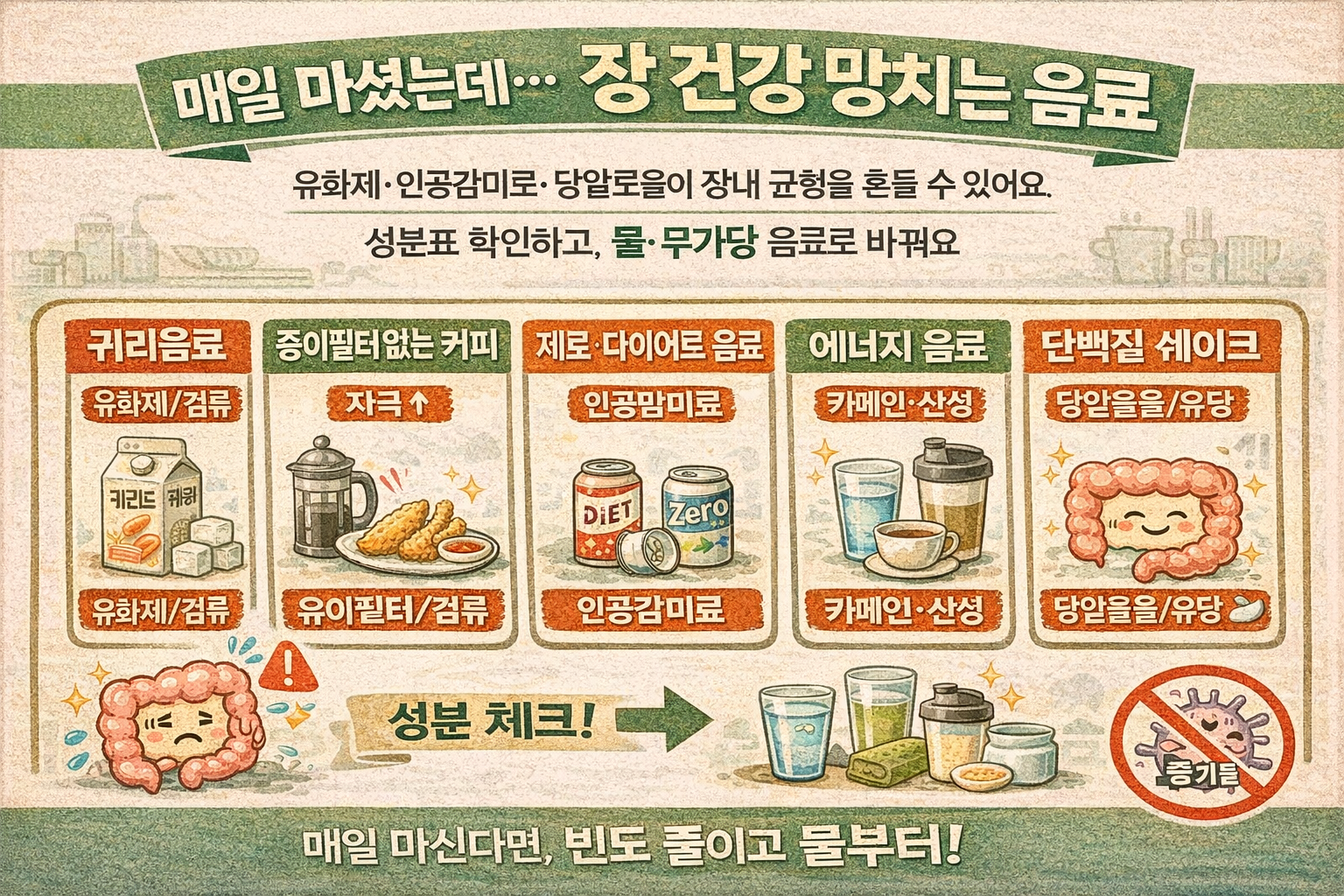 매일 마셨는데 장 건강 망친다? 피해야 할 음료 5가지(귀리음료·무필터 커피·제로·에너지·단백질셰이크)