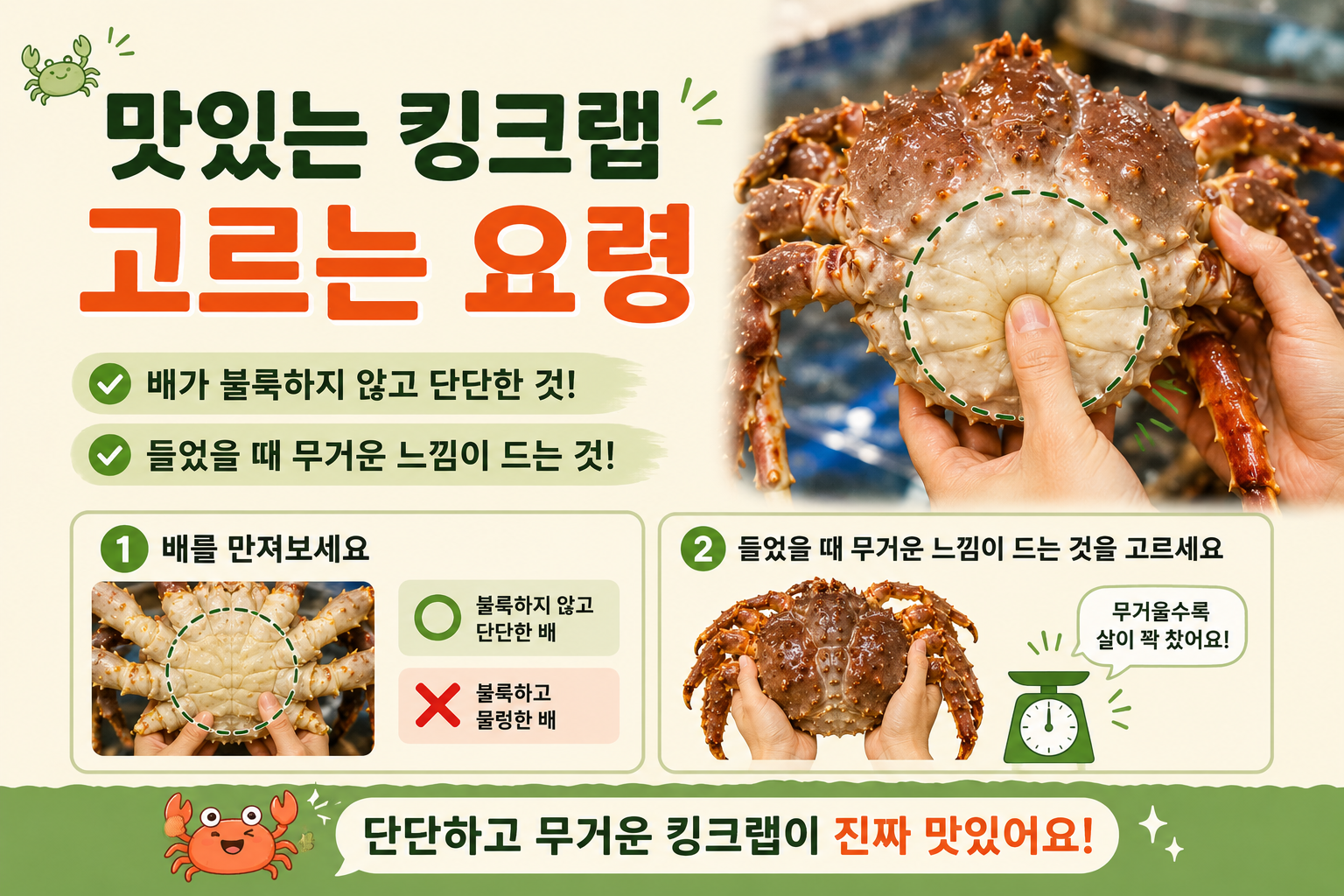 맛있는 킹크랩 고르는 법! 배 단단하고 묵직한 것만 고르세요