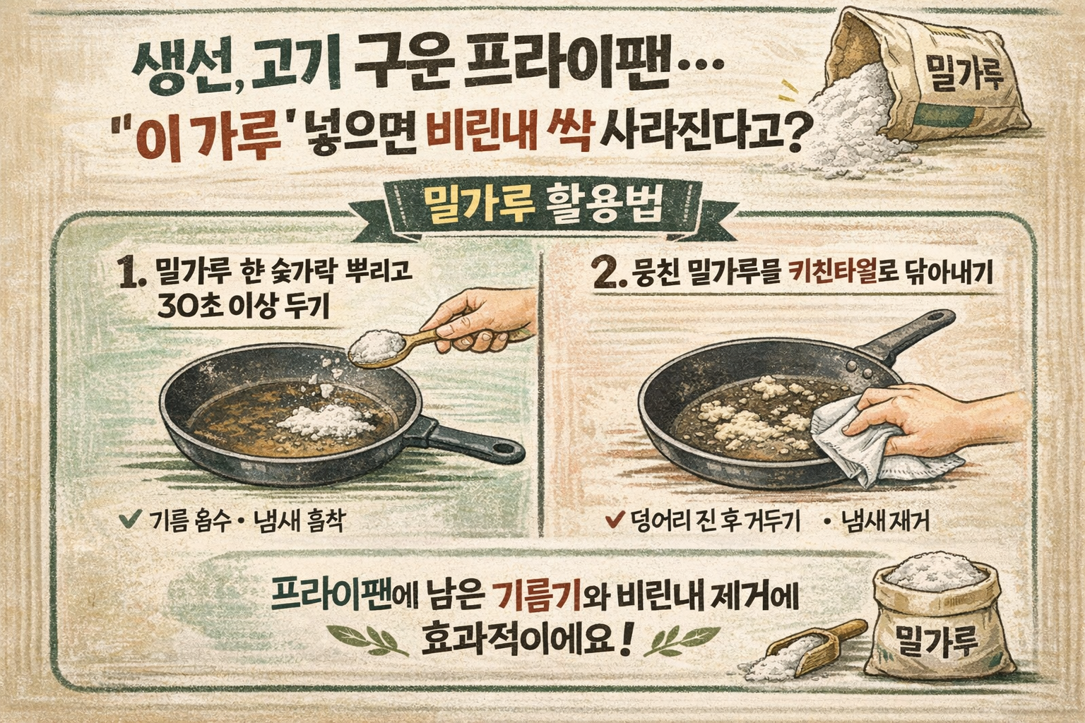 프라이팬 비린내 제거, 밀가루 한 스푼이면 끝? 생선·고기 냄새 없애는 법