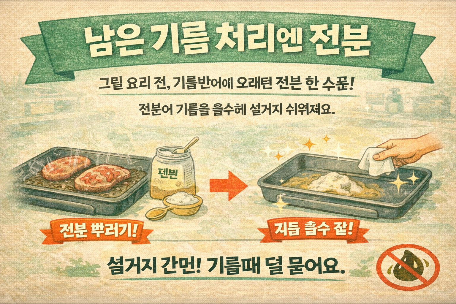 남은 기름 처리 꿀팁: 전분으로 기름 흡수해 설거지 쉽게 하는 방법