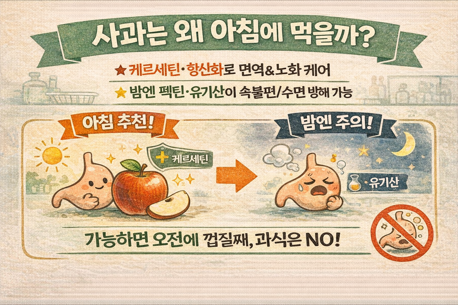 저녁 사과는 진짜 ‘독’일까? 아침 사과가 ‘금’인 이유 5가지(펙틴·속쓰림·다이어트)