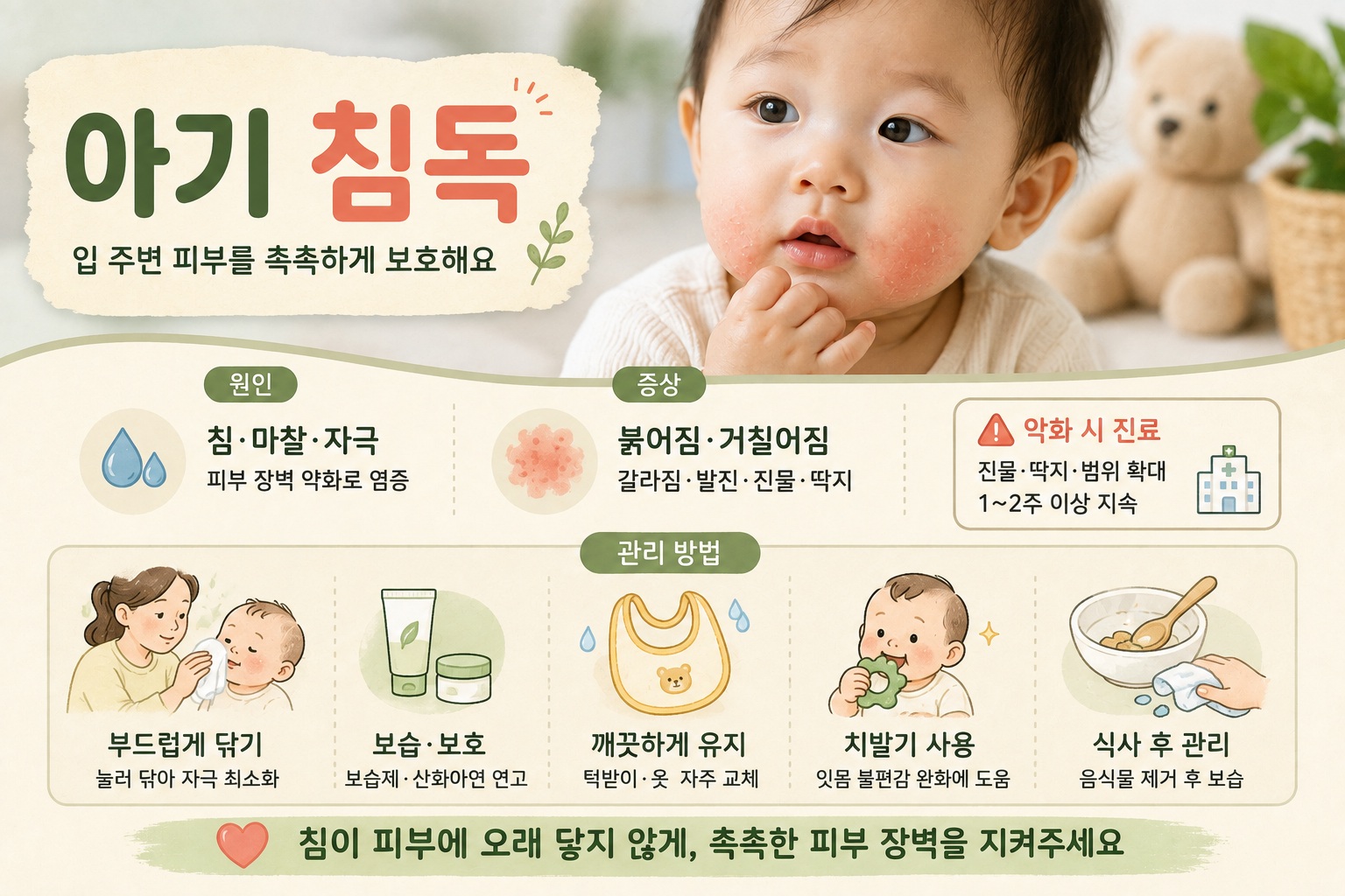 침으로 인해 입 주변과 턱 피부가 붉고 거칠어진 아기의 얼굴