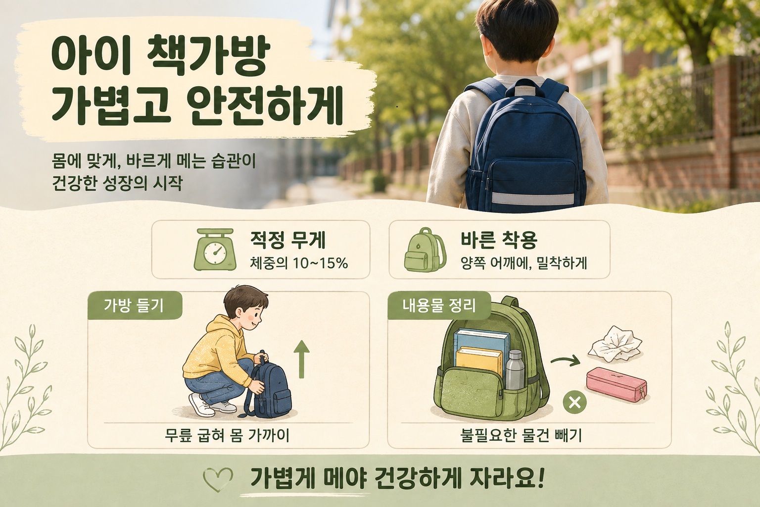 어린이 책가방 무게, 체중 10~15% 참고 기준과 안전하게 메는 법