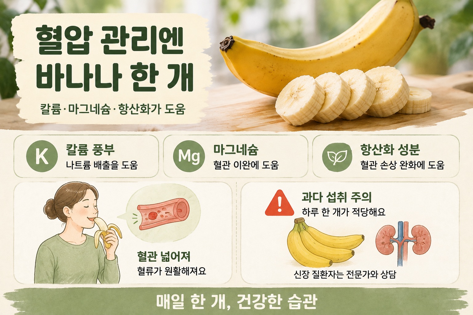바나나 혈압 관리에 도움 될까, 칼륨 효과와 하루 섭취량·주의사항