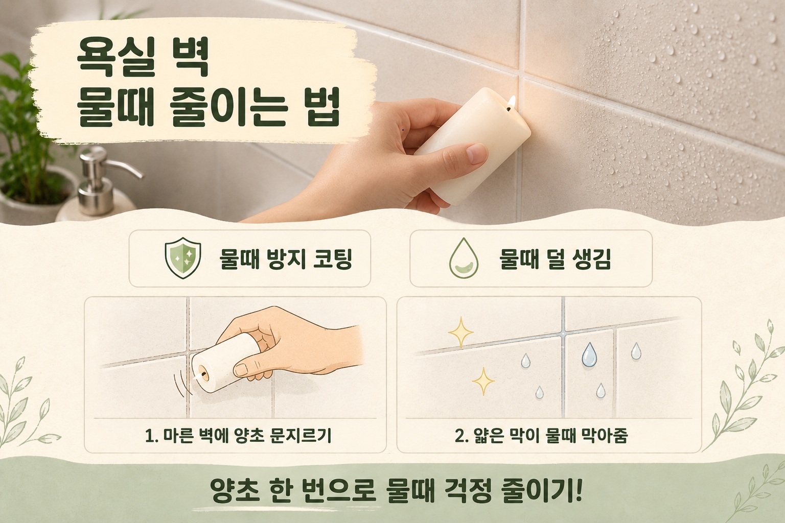 욕실 벽 물때 줄이는 법, 마른 타일과 줄눈에 양초 문지르는 간단한 방법