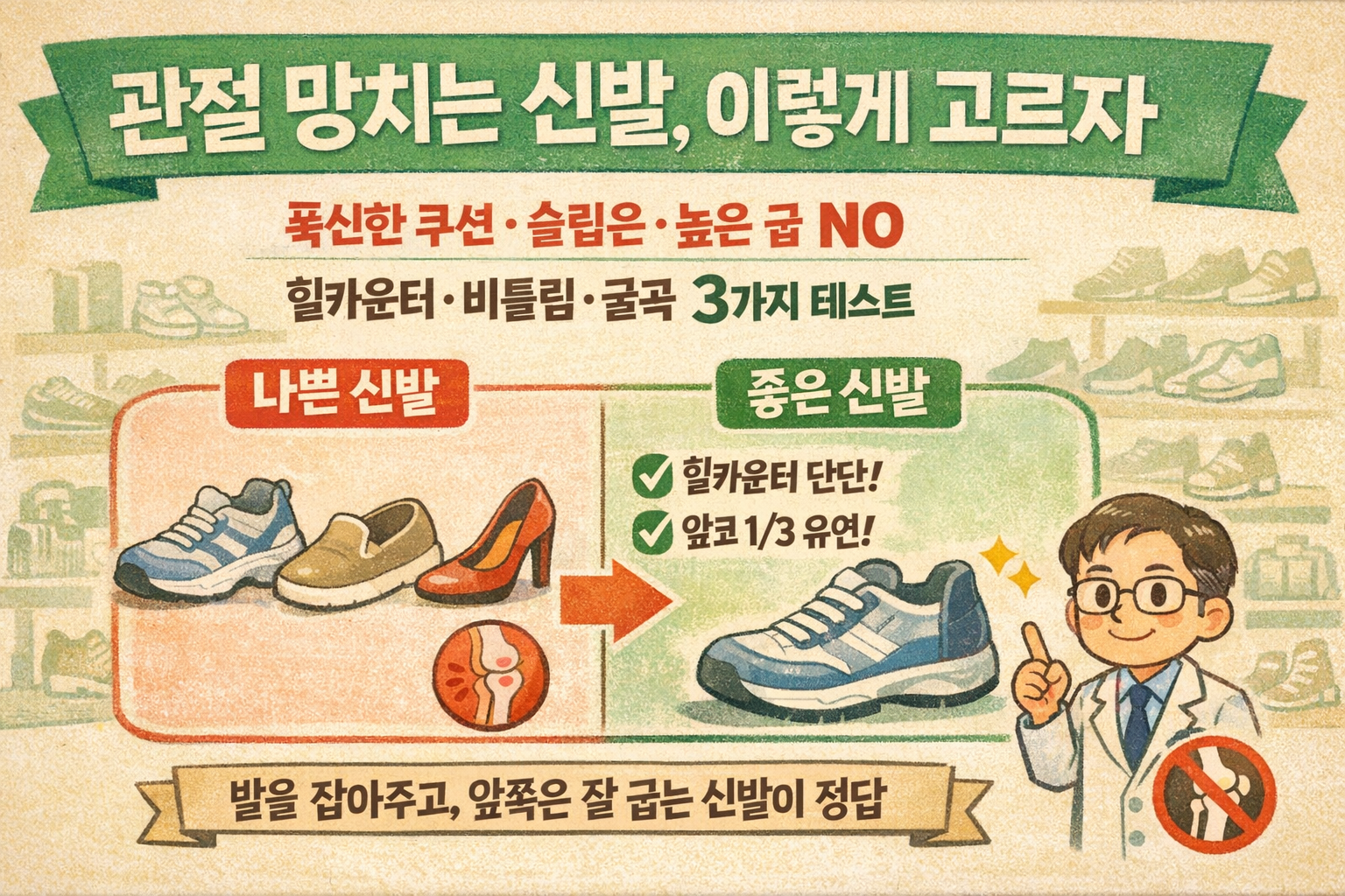 모르고 샀다간 무릎·허리 망가져: 의사가 말한 ‘신발 고르는 3가지 테스트’(힐카운터·비틀림·굴곡)