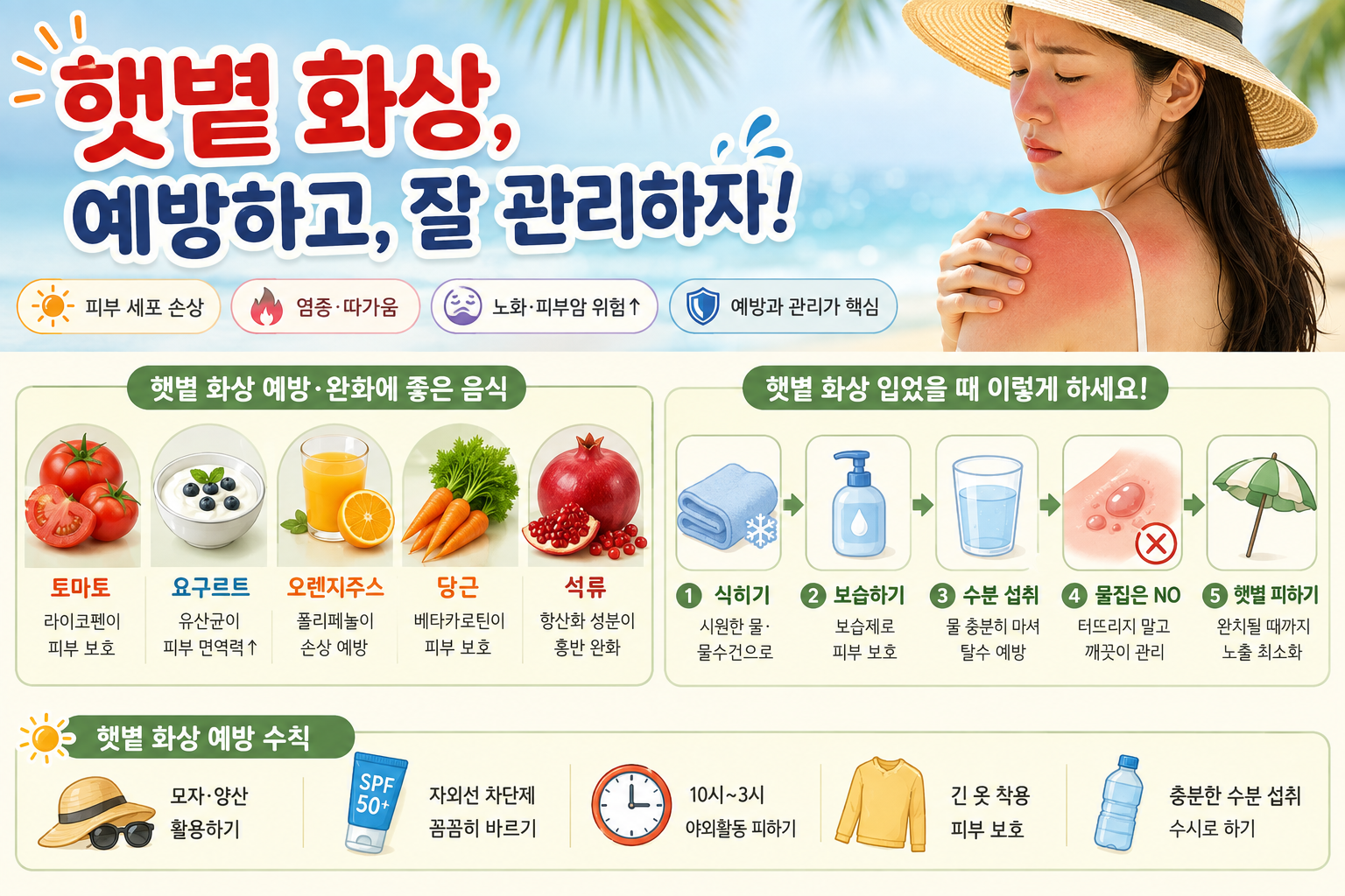 햇볕 화상, 물집 터뜨리면 안 됩니다! 응급처치와 피부 회복 음식 5가지