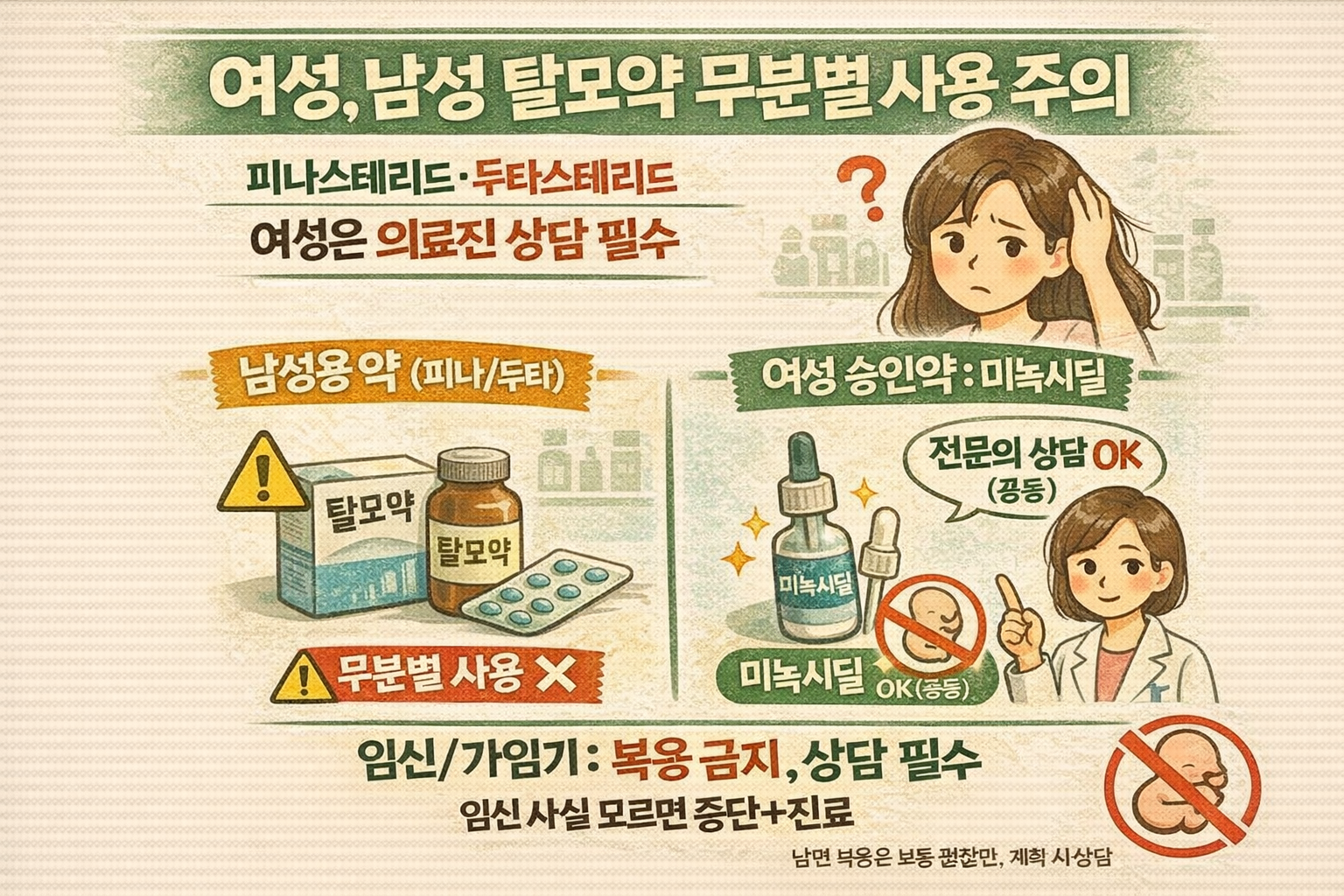 남편 탈모약, 내가 써도 될까? 여성 탈모 ‘피나·두타’ 금기와 안전한 대안