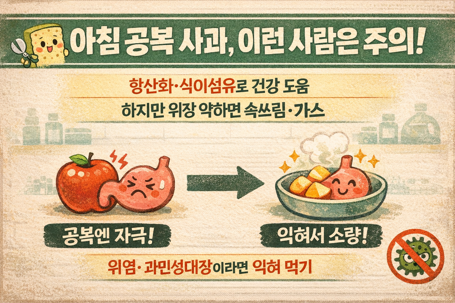 아침 공복 사과, 위염·과민성대장 있으면 ‘독’ 될 수도? 속쓰림 줄이는 익힌 사과 먹는 법
