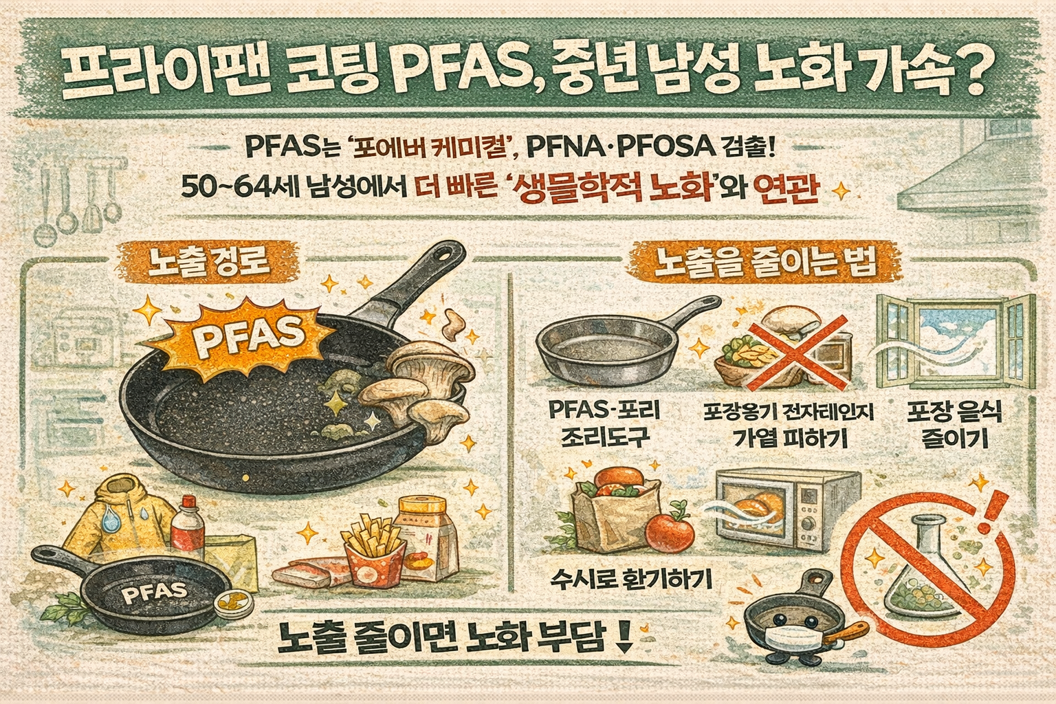 코팅 프라이팬 PFAS가 중년 남성 노화 앞당긴다? 50~64세 ‘생물학적 나이’ 빨라진 이유