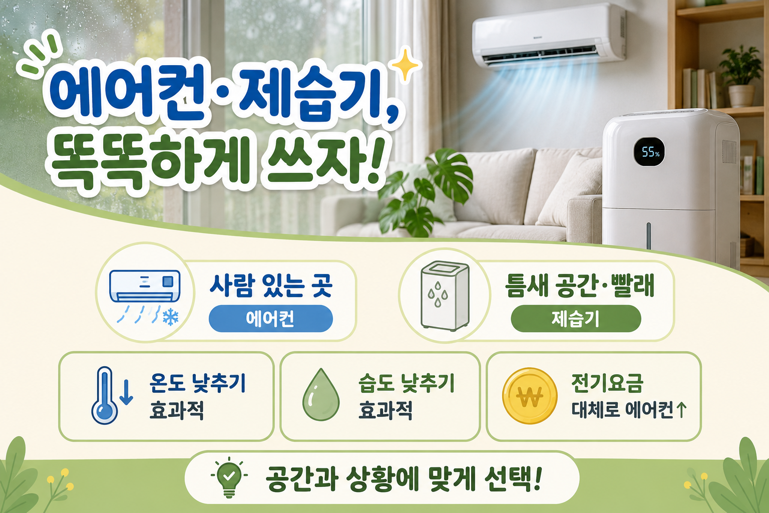 에어컨 제습 vs 제습기, 장마철 뭐가 더 유리할까? 전기요금 차이 총정리