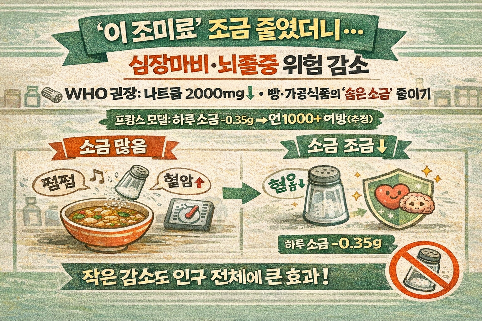 ‘소금’ 조금만 줄였더니… 심장마비·뇌졸중 위험 낮아진다(나트륨 감축 연구)