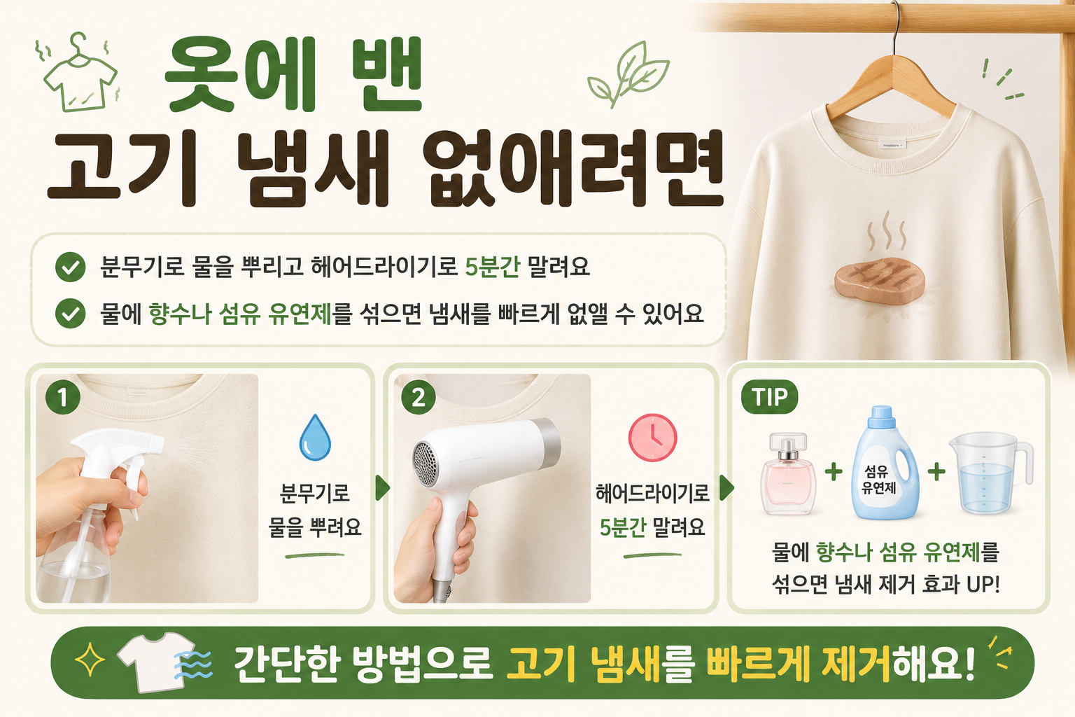 옷에 밴 고기 냄새 5분 만에 없애는 법, 분무기와 드라이기로 끝