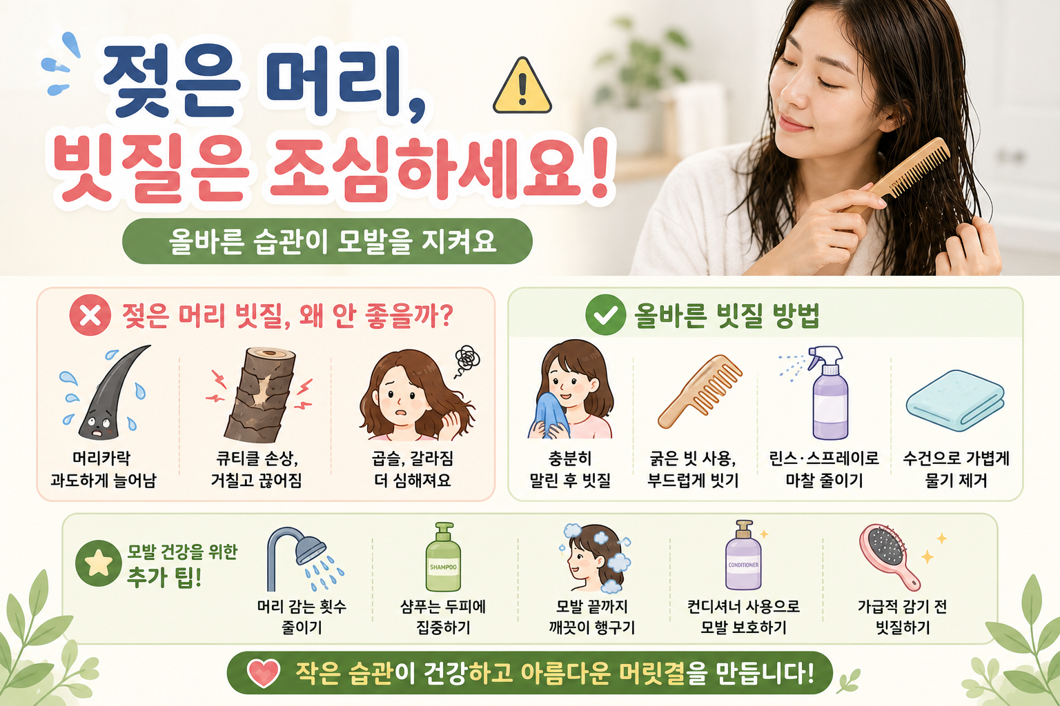 젖은 머리 빗질하면 탈모 올까? 모발 끊어짐 막는 올바른 빗질법