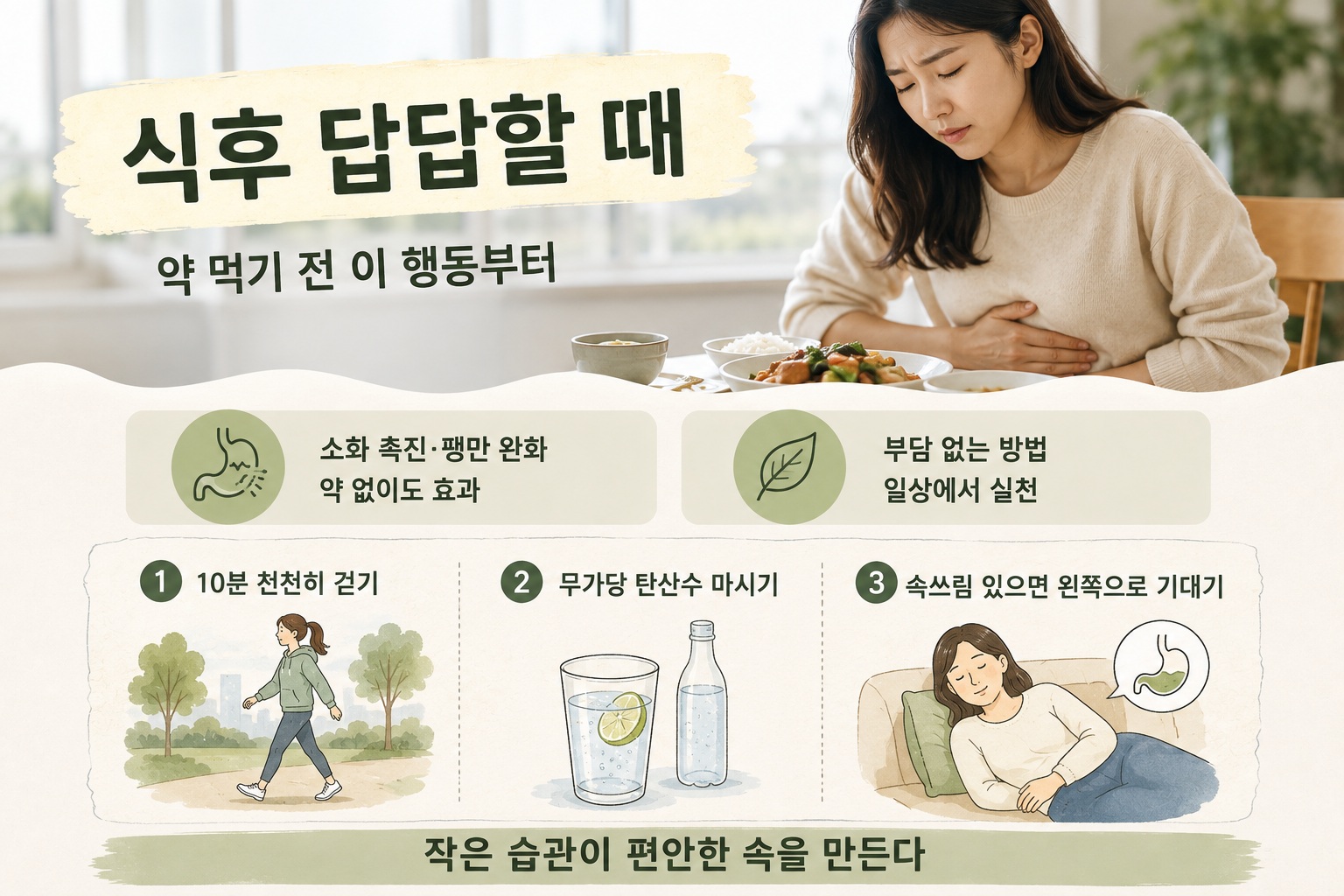 밥 먹고 속이 더부룩할 때, 소화제부터 찾기 전 살펴볼 3가지 행동