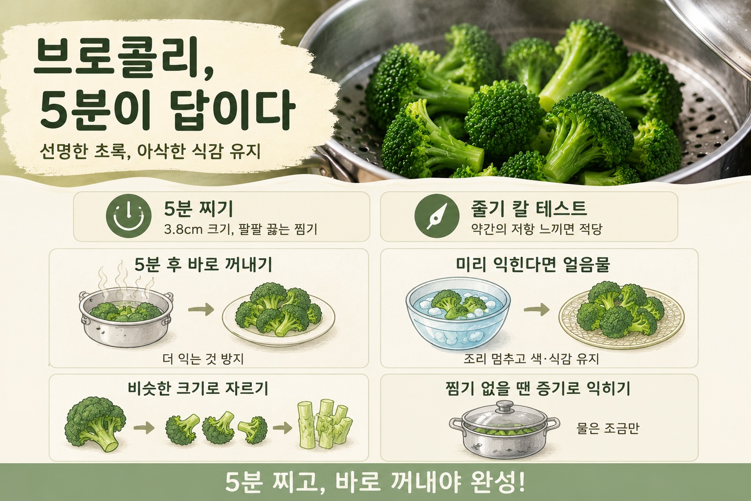 브로콜리 찌는 시간 5분, 아삭하고 초록색 살리는 익힘 기준