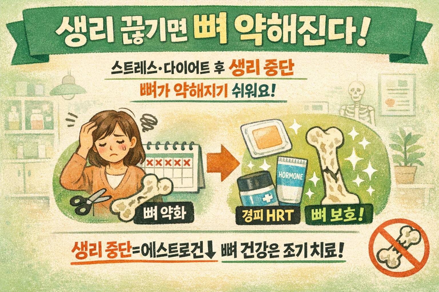 스트레스·다이어트로 생리 끊김(FHA) 뼈 급속 약화…‘붙이는 호르몬(HRT)’이 골밀도 지킨다